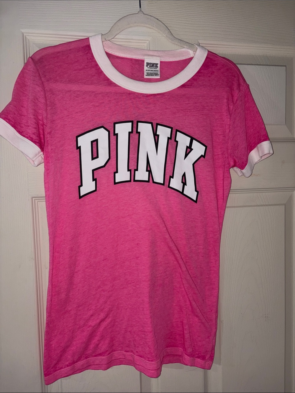 PINK Victoria's Secret Hot Pink Ringer Tee with White Trim